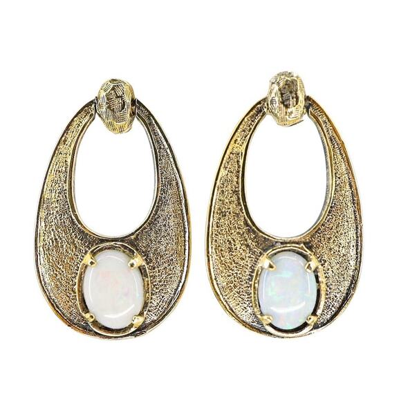 Wells Jewelry - Vintage MCM Wells Sterling Textured Vermeil Australian Opal Earrings Oval Drop